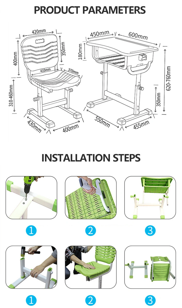 Adjustable Height Primary School Steel Plastic Kids Student Desk Chair